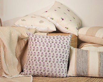 Handmade Mauve Floral Block Print Pillow Cover, 100% Cotton