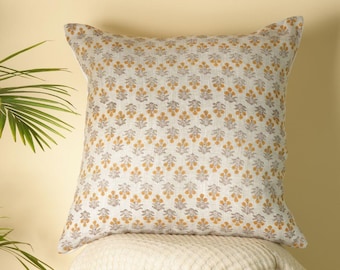 Hand Block Printed Cotton Pillow Cover, Mustard Floral