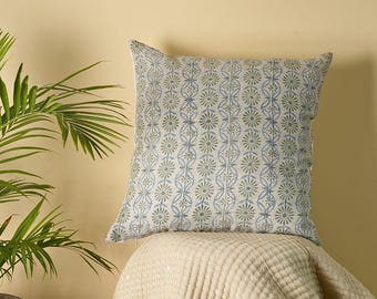 Hand Block Printed Cotton Pillow Cover, Blue Floral Accent