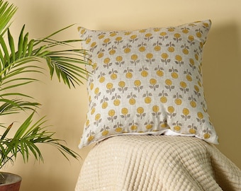 Floral Block Print Pillow Cover, Linen Weave, Beige & Yellow