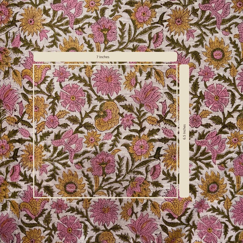 Kaavi linnen stof met bloemenprint en blokmotief, roze mosterdkleurige jaal-motief, meubelstof, kussens, gordijnen, woondecoratie afbeelding 5