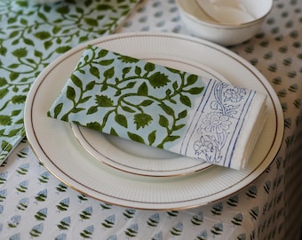 Green Jaal Block Print Cotton Table Linen Set | Buti Table Runner & 6 Napkins | Luxury Tablescape Decor