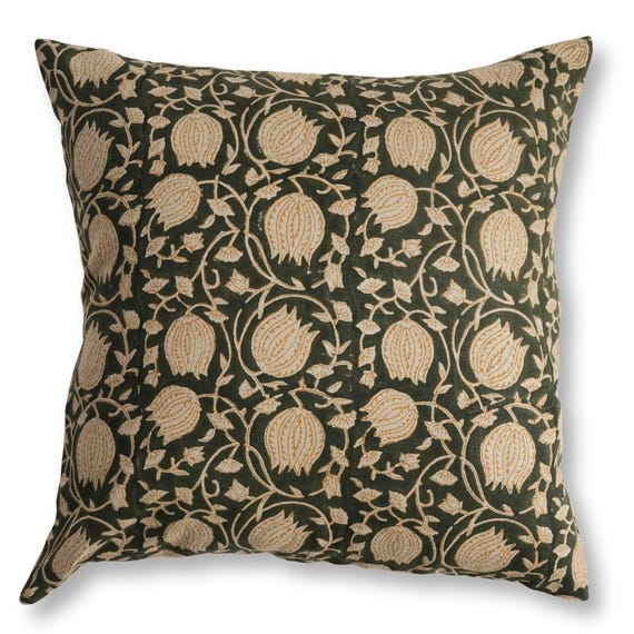Hand Block Printed Cotton Pillow Cover, Olive Green Floral Vine