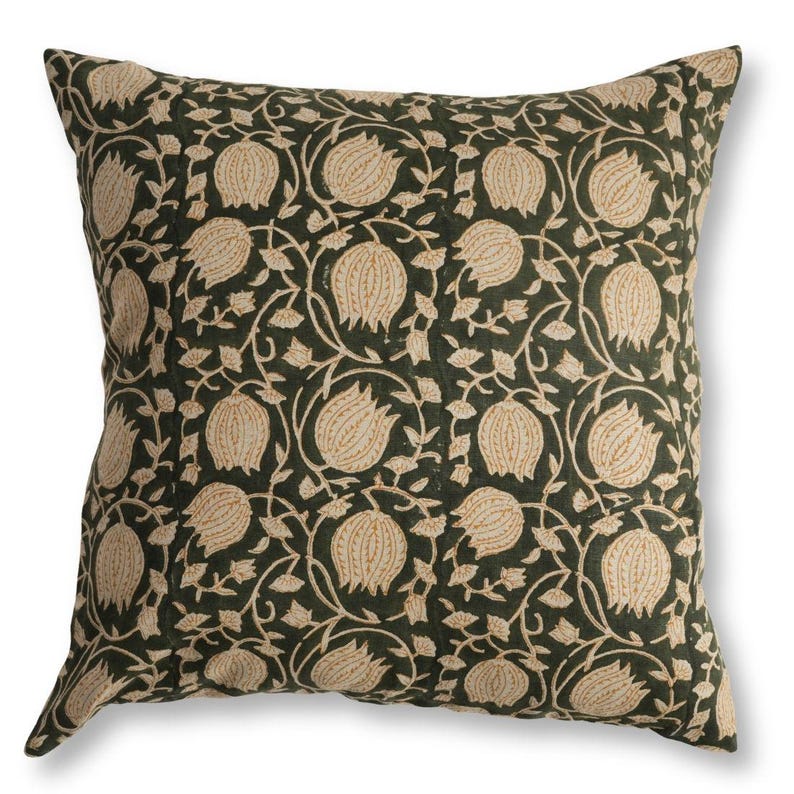 block print pillow, cotton pillow cover, green cushion cover, floral pillow cover, olive green decor, boho cushion cover, indian block print, handmade cushion, sofa pillow cover, bed cushion cover, neutral home decor, vintage floral pillow, artisan pillow
