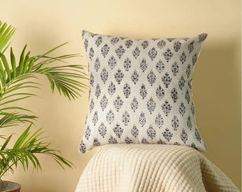 Handmade Indigo Floral Pillow Cover, Block Printed Linen Cushion