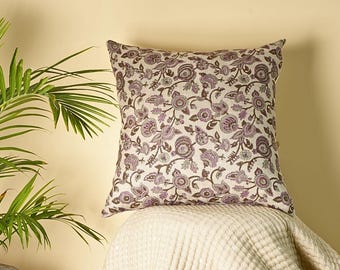 Hand Block Printed Cotton Pillow Cover, Lavender Floral Vine