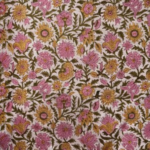 Kaavi linnen stof met bloemenprint en blokmotief, roze mosterdkleurige jaal-motief, meubelstof, kussens, gordijnen, woondecoratie afbeelding 2