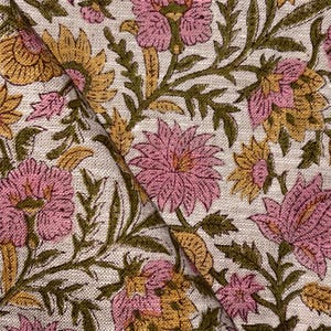 Op de afbeelding: Close-up van een bloemenstof met een herhalend patroon van roze en gele bloemen, groene bladeren en stelen op een cr&egrave;mekleurige achtergrond. De stof is gevouwen, waardoor de continu&iuml;teit van het patroon zichtbaar is. Het ontwerp heeft een vintage of bohemien esthetiek.