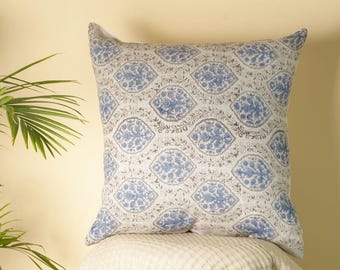 Funda de almohada de lino estampada a mano, medallón floral azul índigo