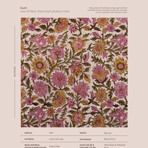 Op de afbeelding: Linnen meubelstof met een blokgedrukt Jaal-bloemenpatroon in wildroze en ossenbloedrood op een grijze basis. De stofbreedte is 147,32 cm met een herhaling van 16,51 bij 17,78 cm. Tekst bevat Loom Kaari, Kaavi en productdetails.