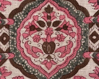 Ambar Pink and Brown Linen Floral Buta Block Printed Upholstery Fabric
