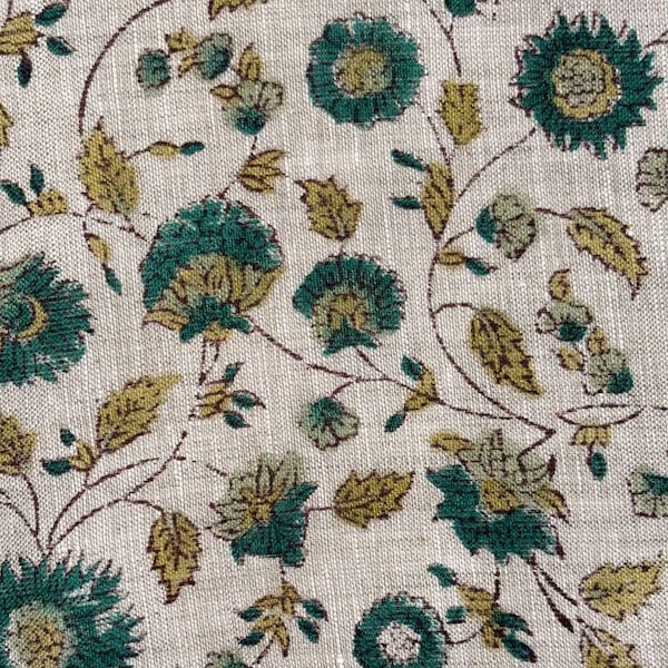 Hand Block Printed Linen Fabric, Teal Floral Vine, Natural Upholstery