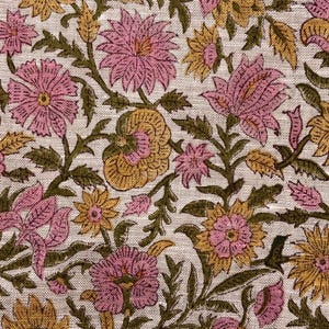 Kaavi linnen stof met bloemenprint en blokmotief, roze mosterdkleurige jaal-motief, meubelstof, kussens, gordijnen, woondecoratie afbeelding 1