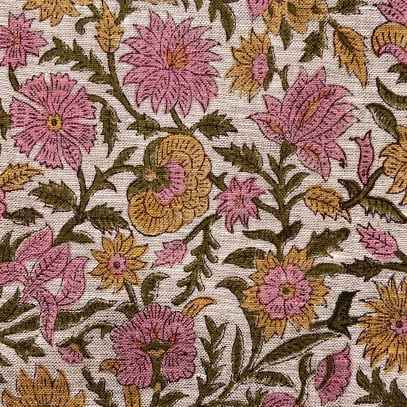 Kaavi Linen Floral Block Print Fabric, Pink Mustard Jaal Motif Upholstery Fabric, Cushions Curtains Home Decor