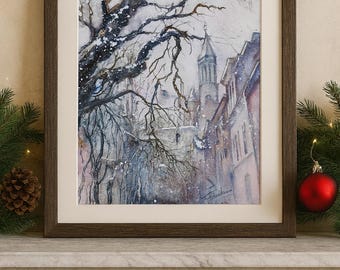 Winter Street Watercolor • Snowy Cityscape Printable Art • Cozy Winter Wall Decor • Europe Old Town Painting • Christmas Home Decor