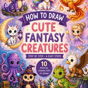 May include: A digital drawing guide titled How to Draw Cute Fantasy Creatures featuring illustrations of a purple dragon, unicorn, phoenix, cat on a moon, fairy, octopus, wizard owl, and green dinosaur with text indicating 10 characters and 10 worksheets.