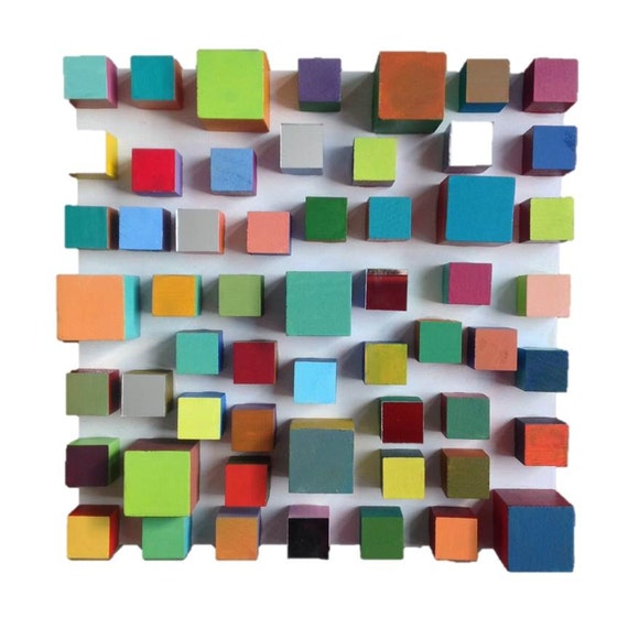 Modern Wood Cube Painted Mirror Wall Geometric Art Sculpture Image 0