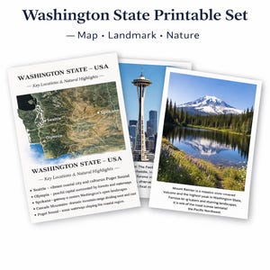 Könnte beinhalten: Ein Set aus drei druckbaren Karten mit Sehenswürdigkeiten und Naturhighlights des Bundesstaates Washington. Die Karten zeigen eine Karte, die Space Needle und eine Ansicht des Mount Rainier. Der Text hebt wichtige Orte und Naturmerkmale hervor.