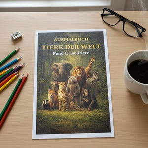 Puede incluir: Un libro para colorear titulado "TIERE DER WELT" (Animales del Mundo) con ilustraciones de animales terrestres, como un elefante, un león y una jirafa. Lápices de colores, un sacapuntas, una taza de café y gafas sobre una mesa de madera.