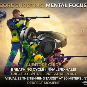 Könnte beinhalten: Bild zur Förderung des Kleinkaliberschießens mit dem Text "Mental Focus Audio". Es zeigt drei Personen, die mit Gewehren zielen, Kopfhörer tragen und den Text "Auditory Guide". Zusätzlicher Text enthält "Atmungszyklus", "Abzugskontrollpunkt" und "Visualisiere die Zehn-Ring-Zielscheibe auf 50 Metern."