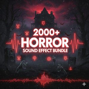 May include: A digital graphic for a horror sound effect bundle. The image features a haunted house, bats, and zombie hands. The text reads "2000+ HORROR SOUND EFFECT BUNDLE" in red, with a red sound wave graphic.
