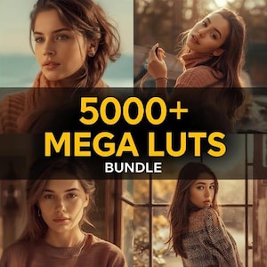 May include: A promotional image featuring four portraits of a woman, with the text "5000+ MEGA LUTS BUNDLE" in yellow and white. The woman is wearing various tops and has long brown hair. The background of the portraits varies.