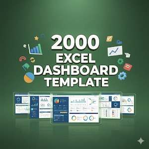 以下が含まれることがあります： 緑色の背景に白い文字で「2000 EXCEL DASHBOARD TEMPLATE」と書かれた画像。その下に、さまざまなデータ視覚化とグラフを表示する5つのデジタルタブレットがあります。グラフや図のカラフルなアイコンが散らばっています。