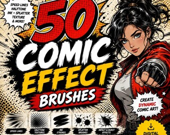 50 Comic Effect Brushes for Procreate, Photoshop, Halftone, Speed Lines (Digital Download)