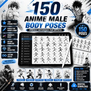 150 Anime Male Body Pose References | Dynamic Action Poses for Procreate | Anatomy Drawing Guide | Manga Figure Reference Pack