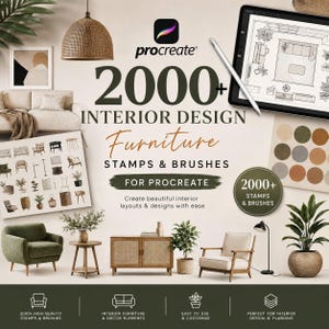 May include: A digital collection of 2000+ interior design furniture stamps and brushes for Procreate, featuring a tablet with a stylus, a floor plan sketch, and various furniture illustrations including chairs, tables, and lamps.