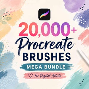 Könnte beinhalten: Eine digitale Produktgrafik mit dem Procreate-Logo über dem Text 20,000+ Procreate BRUSHES MEGA BUNDLE und dem Schriftzug For Digital Artists. Der Hintergrund zeigt farbenfrohe Pinselstriche im Aquarellstil in Rosa, Blau und Gelb.