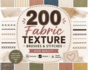 200 Fabric Texture Brushes Bundle | Stitch Brushes for Photoshop & Procreate | Textile Patterns, Digital Paper, Seamless Textures