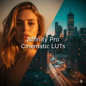 Peut inclure: Image divisée en deux, avec une femme aux cheveux blonds et une vue nocturne d'une ville. Le texte "Affinity Pro Cinematic LUTs" est affiché en blanc sur l'image.
