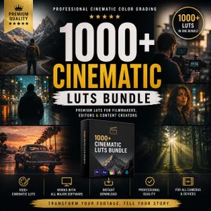 May include: A promotional image for a cinematic LUTs bundle. The design features the text "1000+ CINEMATIC LUTS BUNDLE" in large, bold letters. The image includes various scenes and icons, including a film camera and a download icon. The words "Premium Quality" are also visible.