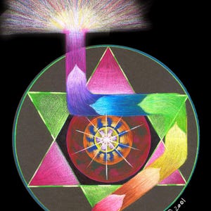 May include: A circular drawing on a black background featuring a six-pointed star with a central red circle containing a radiating sunburst pattern. A multi-colored stream of light flows from the top, marked with the signature J.J. 2001.