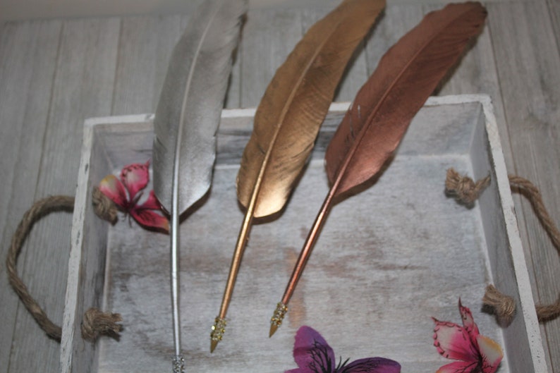 Brilliant Gold Sale or Copper Rhinestone Feather Pen Guestbook pen Wedding Pen Party Decor Anniversary Elegant Quill Sterling Silver