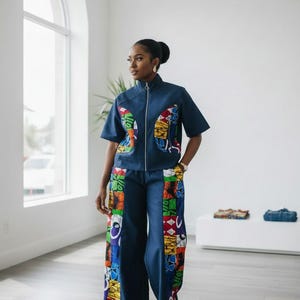 Conjunto de jaqueta e calça jeans com estampa africana, conjunto com detalhes em Ankara, roupa feminina africana