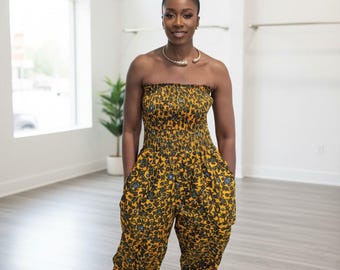 Ankara African Print Smocked Jumpsuit, Strapless Harem Style Romper, Vibrant Heritage Fashion