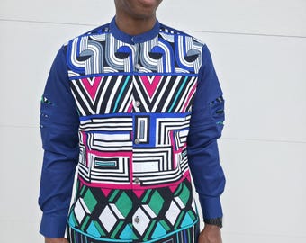 Camisa de manga larga para hombre con estampado geométrico africano / Estilo Ankara moderno / Estampado tribal azul vibrante y multicolor / Ropa formal afrocéntrica