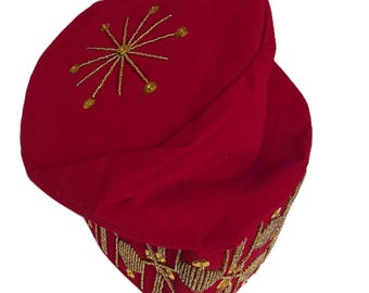 Geborduurde fluwelen fila-pet, Yoruba-bruidegomhoed, Afrikaanse bruiloft