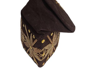 Brown Velvet Yoruba Fila Cap, Stoned African Hat