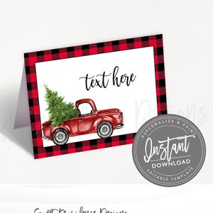 Christmas Truck Food Tent, Editable Christmas Party Place Cards, Folded tent card, Red Truck Printable Template, Instant Download image 1