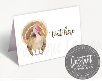 Turkey Name Card, Editable Thanksgiving Party Place Card, Folded tent card, Printable Template, Thanksgiving place card Instant Download