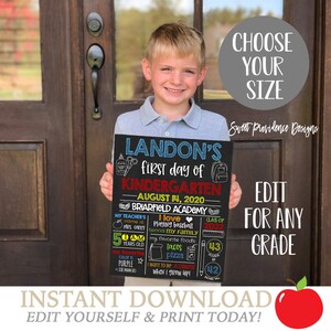 May include: A black chalkboard sign with the text "LANDON'S first day of KINDERGARTEN - AUGUST 14, 2020 BRIARFIELD ACADEMY" and other details about Landon's first day of school. The sign is held by a young boy in front of a wooden door.