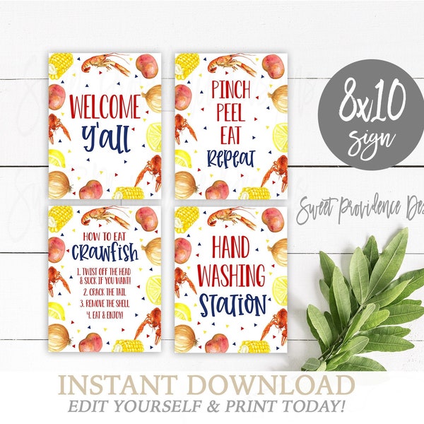 Crawfish Boil Signs, How to Eat, Welcome, Hand Washing, Pinch Peel Eat, Printable Crawfish Signs, ANY Event, Instant Access- EDIT NOW KC1