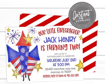 4th of July Invitation, Little Firecracker, Editable Birthday invite, red white blue birthday Invite, ANY AGE, Printable Instant Access