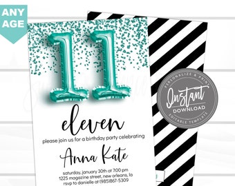 11th birthday Invitation, ANY AGE Editable Birthday Invitation, Rose Gold Glitter, Surprise, teen 13 12 11, Printable Invite, Instant Access