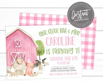 Farm Birthday Invitation, Farm Animals, Editable Girl Barn Party, Barnyard Digital Invite, Customizable Printable Instant Access- Edit Now