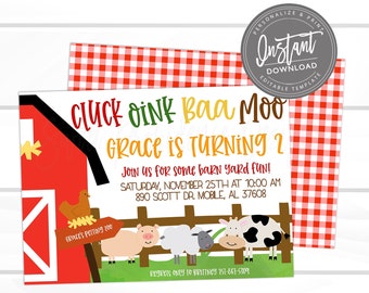 Barnyard Farm Birthday Invitation, Editable Barn Animals Birthday Party Invite, Cluck Oink Baa Moo, Cow, Pig, Instant Access - EDIT NOW