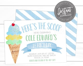May include: A blue and green ice cream cone with sprinkles on top. The text "Here's the Scoop" is above the ice cream cone. The text "We're celebrating Cole Edward's 1st Birthday" is below the ice cream cone. The text "Saturday, May 6th at 1:00 PM 36492 Manchac Way Ave Baton Rouge, LA 70069 Regrets only to Lana at 985-867-5309" is below the birthday text. The text "Sweet Providence Designs" is at the bottom of the invitation.